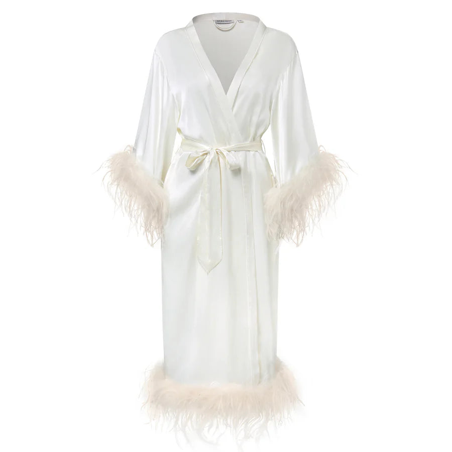 Bride-To-Be Edition Silk Robe with Feathers -ivory
